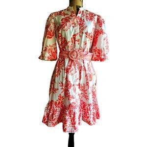 Crown & Ivy Red White Summer Puff Sleeve Belted Ruffle Hem Dress NWT, Sz S